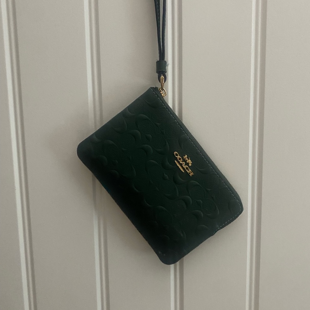 Coach Forest Green Embossed Leather Wristlet with Gold Logo